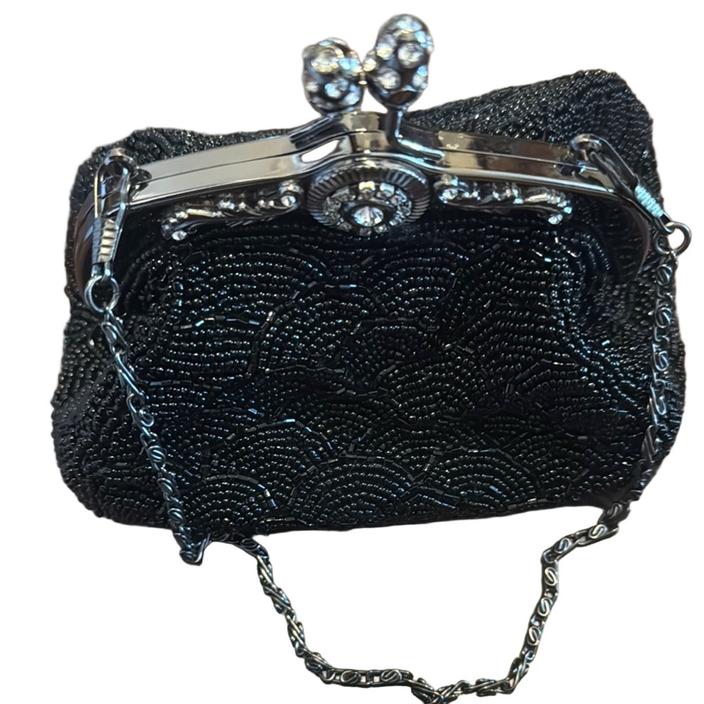 Black and Silver Beaded Clutch with Ornate Clasp - Picture 5 of 5